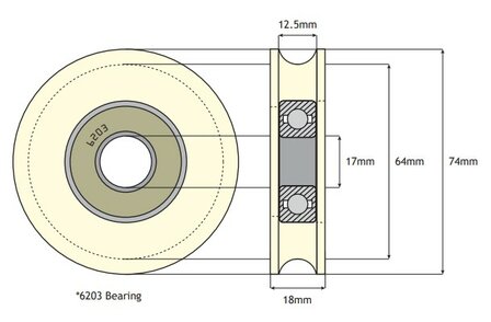 Deurrol, 74,5mm, excl. as, toepasbaar op Schindler Varidor 30