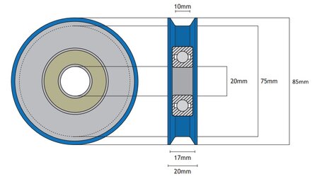 Deurrol, 85mm, vlakke rail, toepasbaar op Otis Europa 2000 cabinedeur