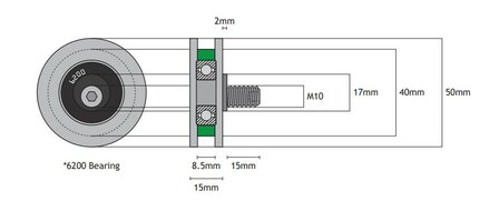 Deurrol, 50mm, excentrische as M10, vlakke rail, incl. moer, toepasbaar op Otis Orly/LM/9665 schachtdeur