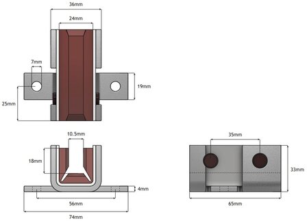 Slofhouder 65x36mm, incl. voering met demping, t.b.v. 10mm leider, toepasbaar op Schindler 3600 tegengewicht