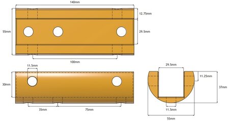 Halfronde demping, 143x55x37, t.b.v. SHS slofvoerhouder