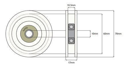 Deurrol, 70mm, as M10, vlakke rail, toepasbaar op S7/K7 cabine/schachtdeur 