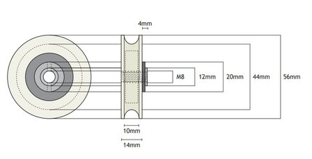 Deurrol, 56mm, inwendig M8, toepasbaar op Kone Isola cabinedeur en Espace schachtdeur