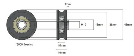 Deurrol, 45mm, asgat M10, toepasbaar op Kone Augusta schachtdeur t.b.v. snelle en middelste vleugel