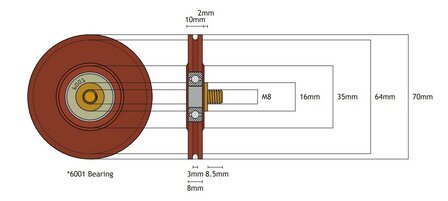 Kabelrol, 70mm, met as M8, toepasbaar op Kone AMD R2 cabine/schachtdeur