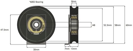 Deurrol, 60mm, inwendig M8, toepasbaar op Kone ADX2 lanzame vleugel cabine/schachtdeur