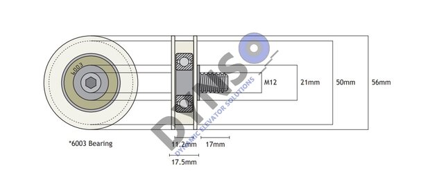 Fermator deurrol 50/11 centrisch, 56mm, met as M12 (tbv rail 11,5mm)