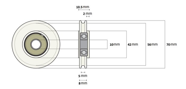 DYNSO Otis New York RVS kabelrol tbv sluitgewicht, 70mm, asgat 10mm (265BD2)
