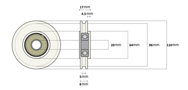 DYNSO Otis New York RVS kabelrol, 110mm, incl. afstandsbus en M12 bout, asgat 12mm (FO2215Z465)