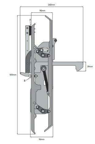 Ontgrendelschaats, 505mm, links/centraal, toepasbaar op Schindler Varidor 35 cabinedeur 
