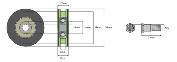 Deurrol, 56mm, vlakke rail, incl. montagebout, toepasbaar op Otis Pax/Prima cabine/schachtdeur 