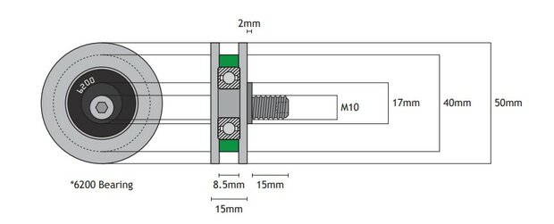 Deurrol, 50mm, excentrische as M10, vlakke rail, incl. moer, toepasbaar op Otis Orly/LM/9665 schachtdeur