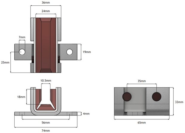 Slofhouder 65x36mm, incl. voering met demping, t.b.v. 10mm leider, toepasbaar op Schindler 3600 tegengewicht