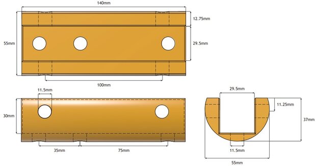 Halfronde demping, 143x55x37, t.b.v. SHS slofvoerhouder