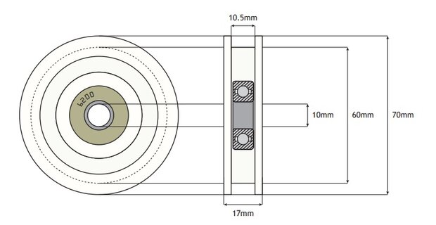 Deurrol, 70mm, as M10, vlakke rail, toepasbaar op S7/K7 cabine/schachtdeur 
