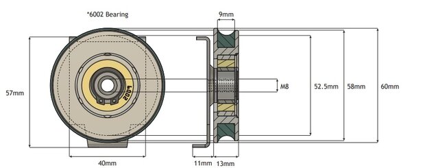 Deurrol, 60mm , toepasbaar op Kone ADX2 snelle vleugel cabine/schachtdeur