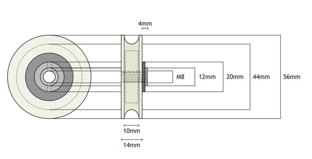Deurrol, 56mm, inwendig M8, toepasbaar op Kone Isola cabinedeur en Espace schachtdeur