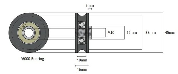 Deurrol, 45mm, asgat M10, toepasbaar op Kone Augusta schachtdeur t.b.v. snelle en middelste vleugel