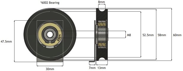 Deurrol, 60mm, inwendig M8, toepasbaar op Kone ADX2 lanzame vleugel cabine/schachtdeur