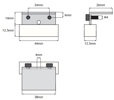 Ondergeleiding, 44x14x13,5mm, toepasbaar op Kone ADM/ADR cabine/schachtdeur
